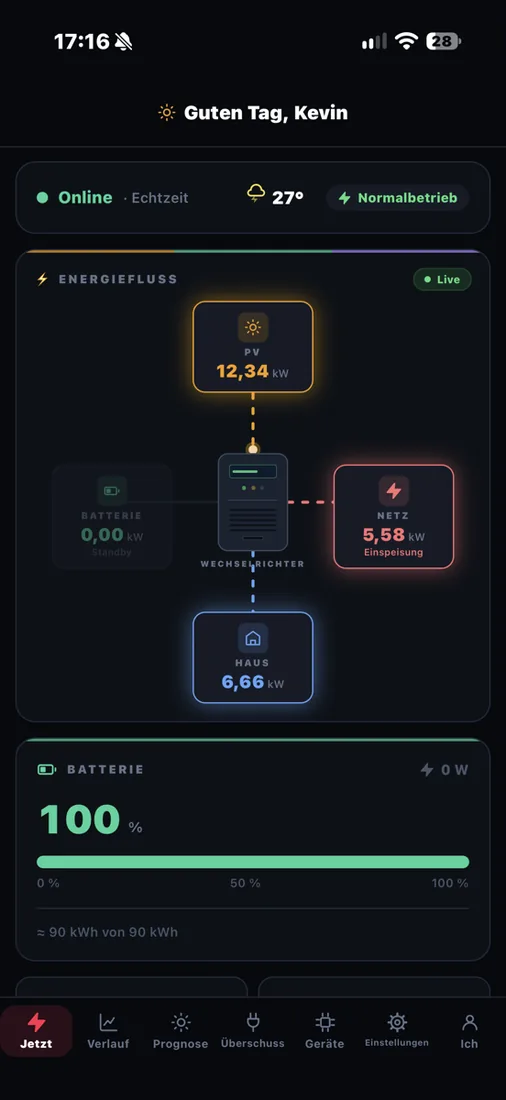 Solar-Dash auf dem iPhone: der Energiefluss zeigt 12,34 kW aus der PV-Anlage, 6,66 kW ins Haus und 5,58 kW Einspeisung ins Netz.